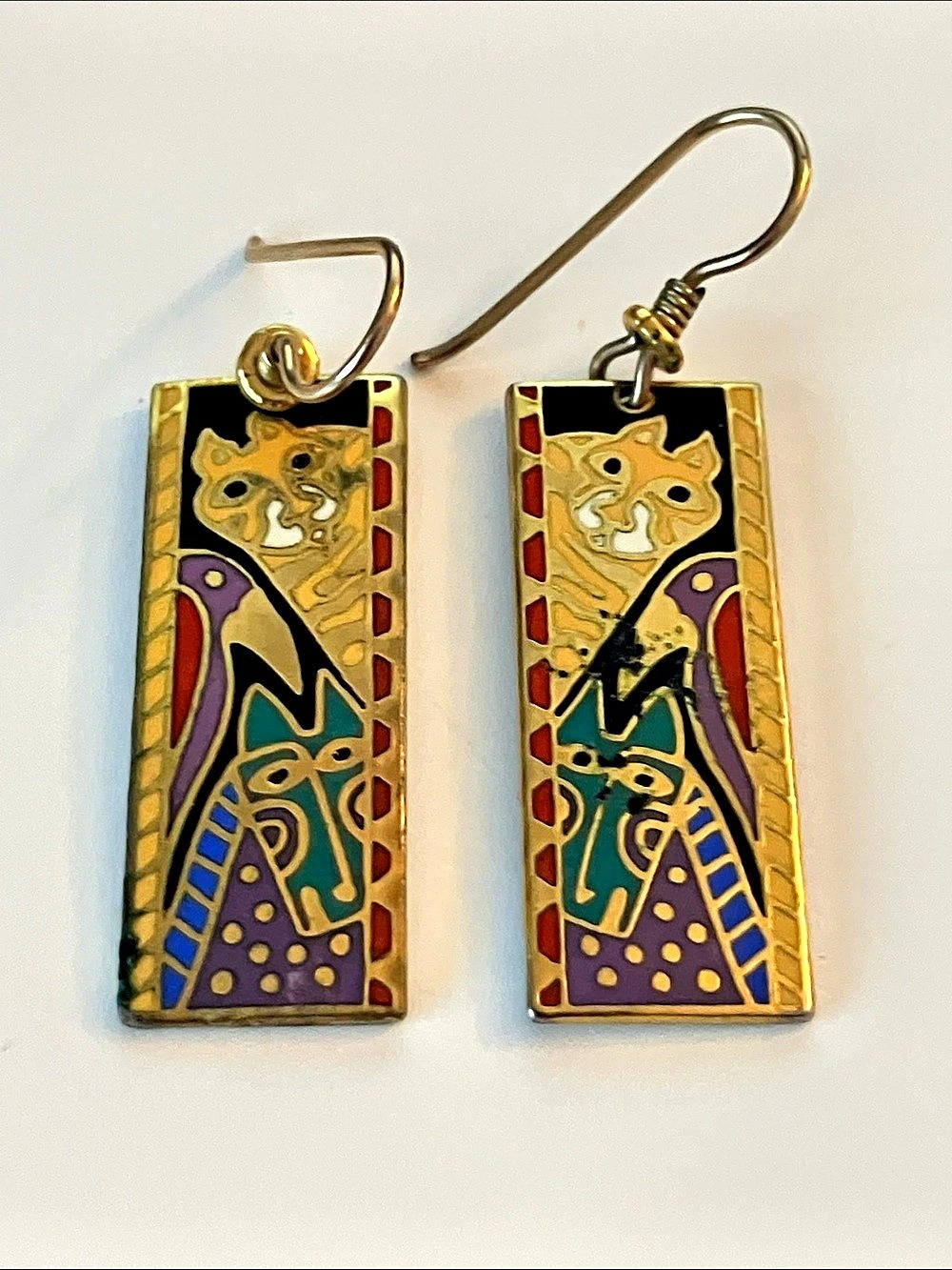 Laurel Burch Jungle Friends  Cloisonne Dangle Earrings Gold & Purple